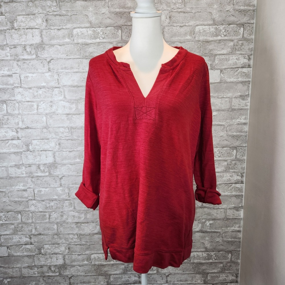 J. Jill Top Long Sleeve Red Cotton Blend Fisherman Oversized MP